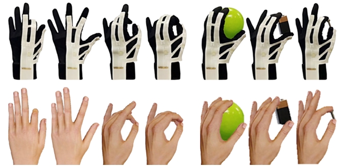 ▲ Examples of various motion tracking (top) and hand shape reconstruction in a virtual environment (bottom) using the developed glove