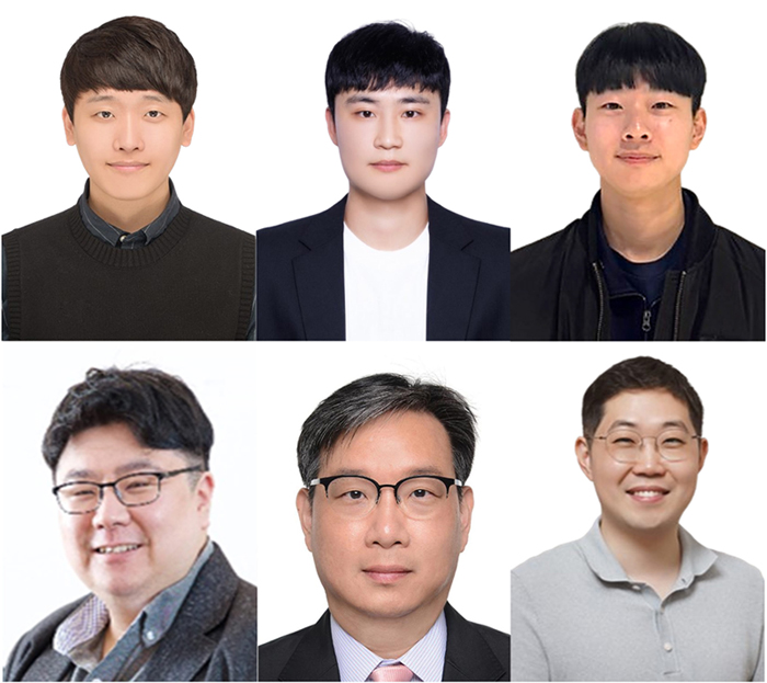 ▲ (Top row, from left) Dr. Jae-Hwan Lee, Ph.D. candidate Yoon-Nam Kim (SNU, Materials Science and Engineering), Dr. Junsang Lee (Purdue University, Biomedical Engineering). (Bottom row, from left) Prof. Seung-Kyun Kang (SNU, Materials Science and Engineering), Prof. Jung Keun Hyun (Dankook University Hospital, Rehabilitation Medicine), Prof. Daeshik Kang (Ajou University, Mechanical Engineering).