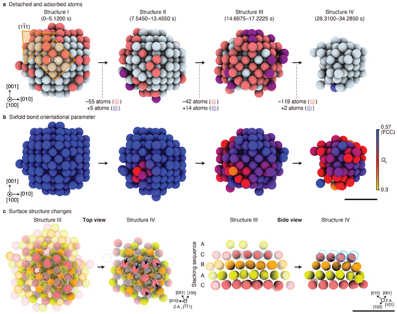 ▲ Figure 2. (a) Observation of platinum nanoparticle etching using time-resolved Brownian tomography. (b) Changes in crystallinity of platinum nanoparticles during etching. (c) Structural changes of surface atoms during etching, revealing a transition from an ordered to a disordered phase.