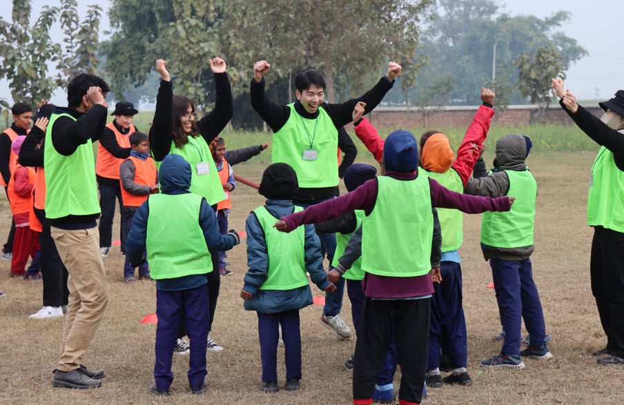 Physical education class conducted at the Um Hong Gil Human Foundation Lumbini Human School