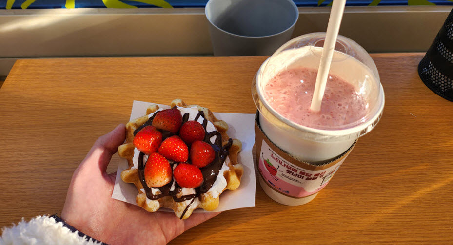 Beverage and waffle menu made using “ugly strawberries”
