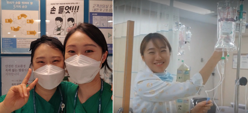 With fellow nurses (left) / Hana working in the ward (right)