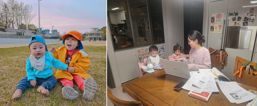 Hana's two children (left) / Studying with her children (right)