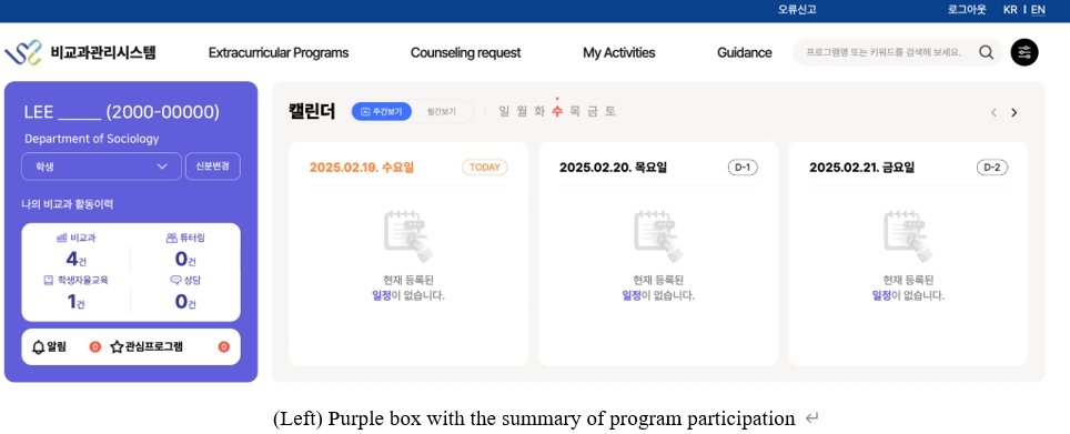 (Left) Purple box with the summary of program participation