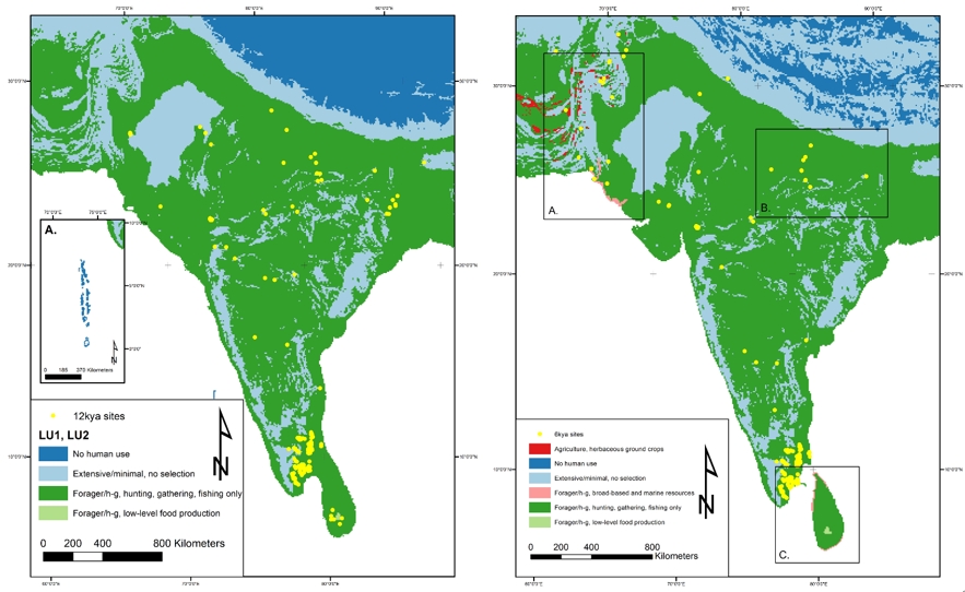 Left: human land use at 12,000 years ago in South Asia, showing how most of the sub-continent was occupied by hunter-gatherer-fisher-forager groups. Right: human land use at 6,000 years ago in South Asia, showing that while most of the sub-continent remains occupied by hunter-gatherer-fisher-forager groups the types of activities done had diversified, changing the land use in new and complex ways.