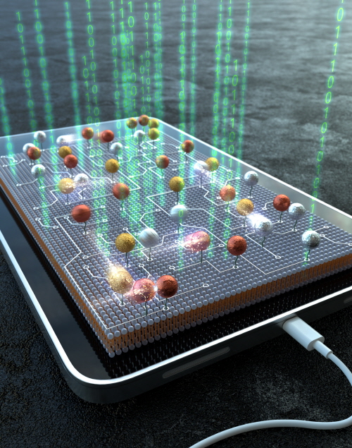 Red, gold, silver spheres on a lipid chip represent metal nanoparticles with strong and distinct scattering signals. The nanoparticles are functionalized with specially designed DNA ligands, and the surface ligands render receptor-floater interactions programmable, thereby transforming a pair of receptor and floater into a logic gate. These nanoparticle logic gates can be readily wired to form complex circuits.